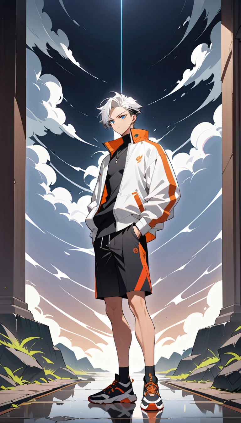 Hombre de anime de cabello blanco en escena exterior tormentosa