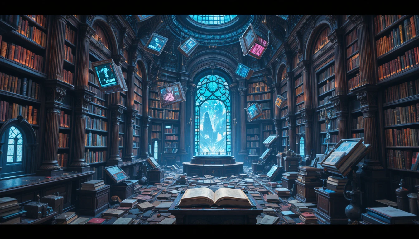 Ancient Library With Floating Books In Enchanted Digital Style