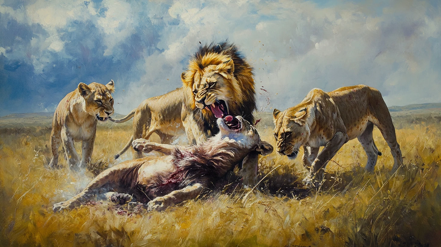 Leonesse che cacciano uno gnu nella savana africana