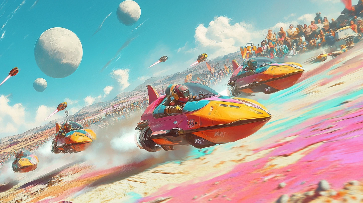 Homemade rocket speeders racing across a colorful desert