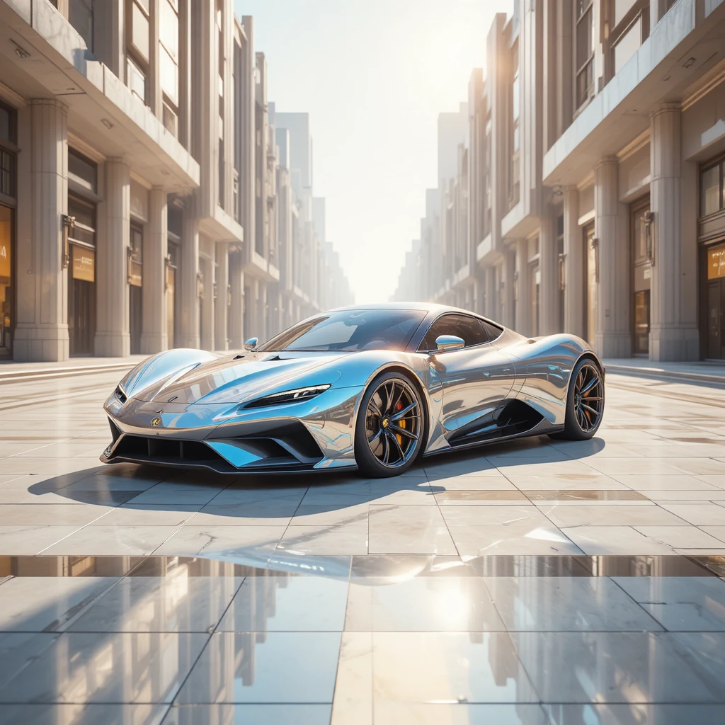 Futuristic pearl white gt car in a serene city street