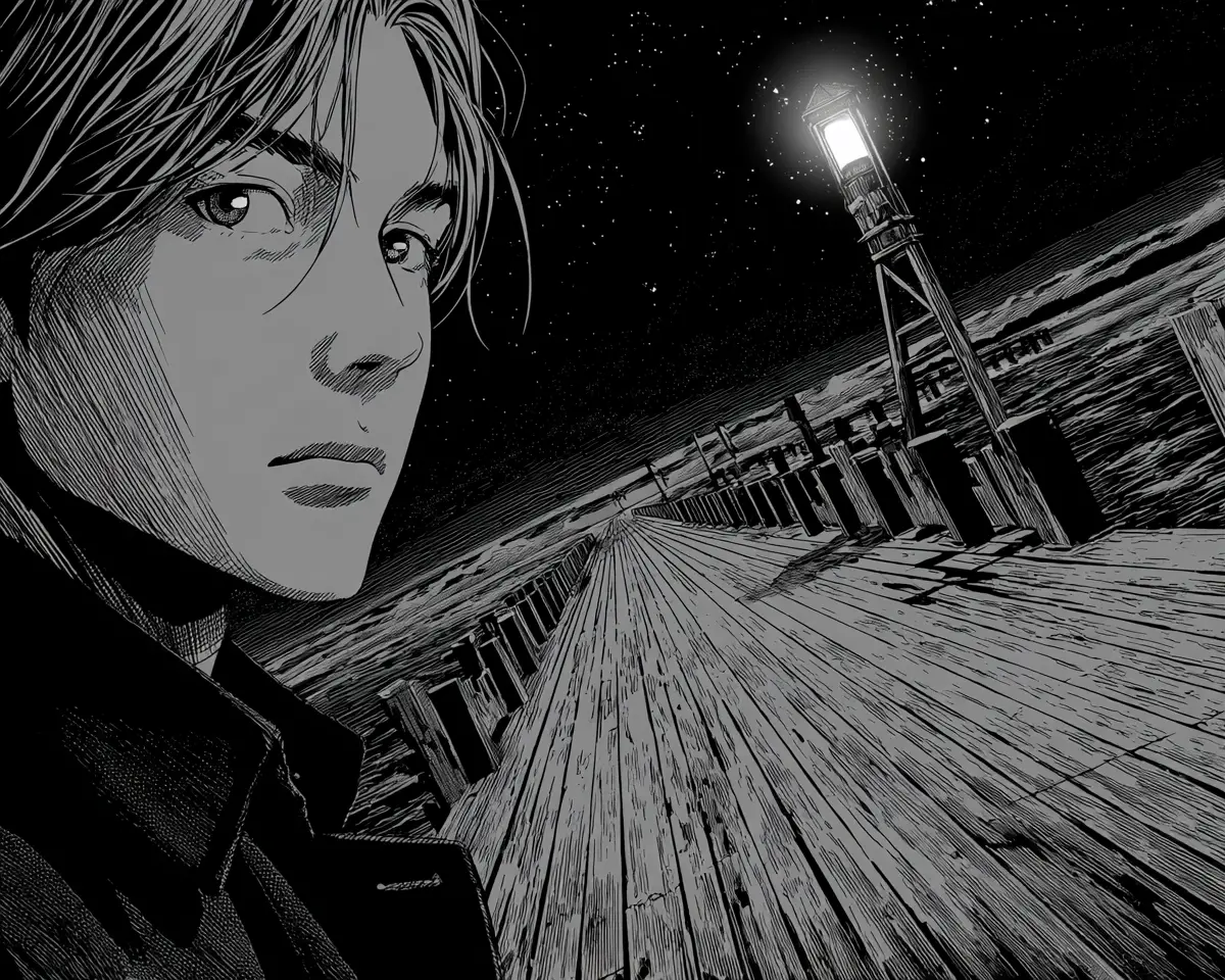 Handsome man on a deserted pier in manga horror style