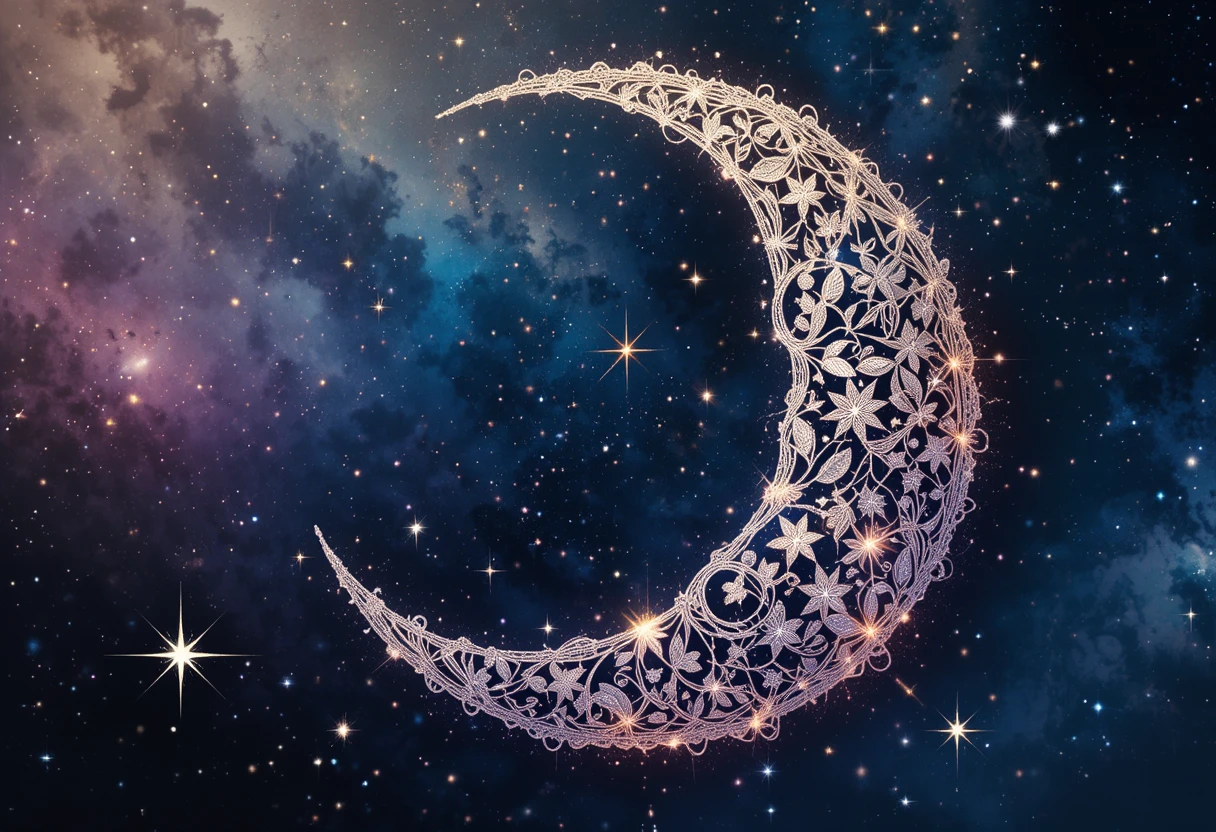 Lace Crescent Moon With Stars On Watercolor Nebula