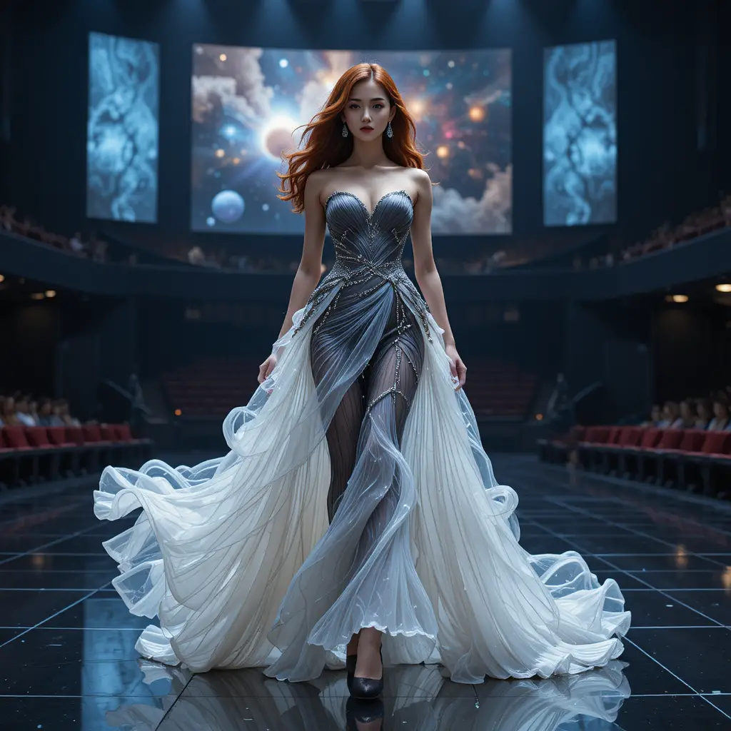 Reina de belleza coreana con vestido de noche cuántico y cambiante