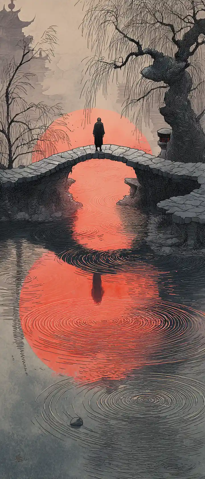Älterer Mann auf einer Brücke, der nach seinem jüngeren Spiegelbild greift