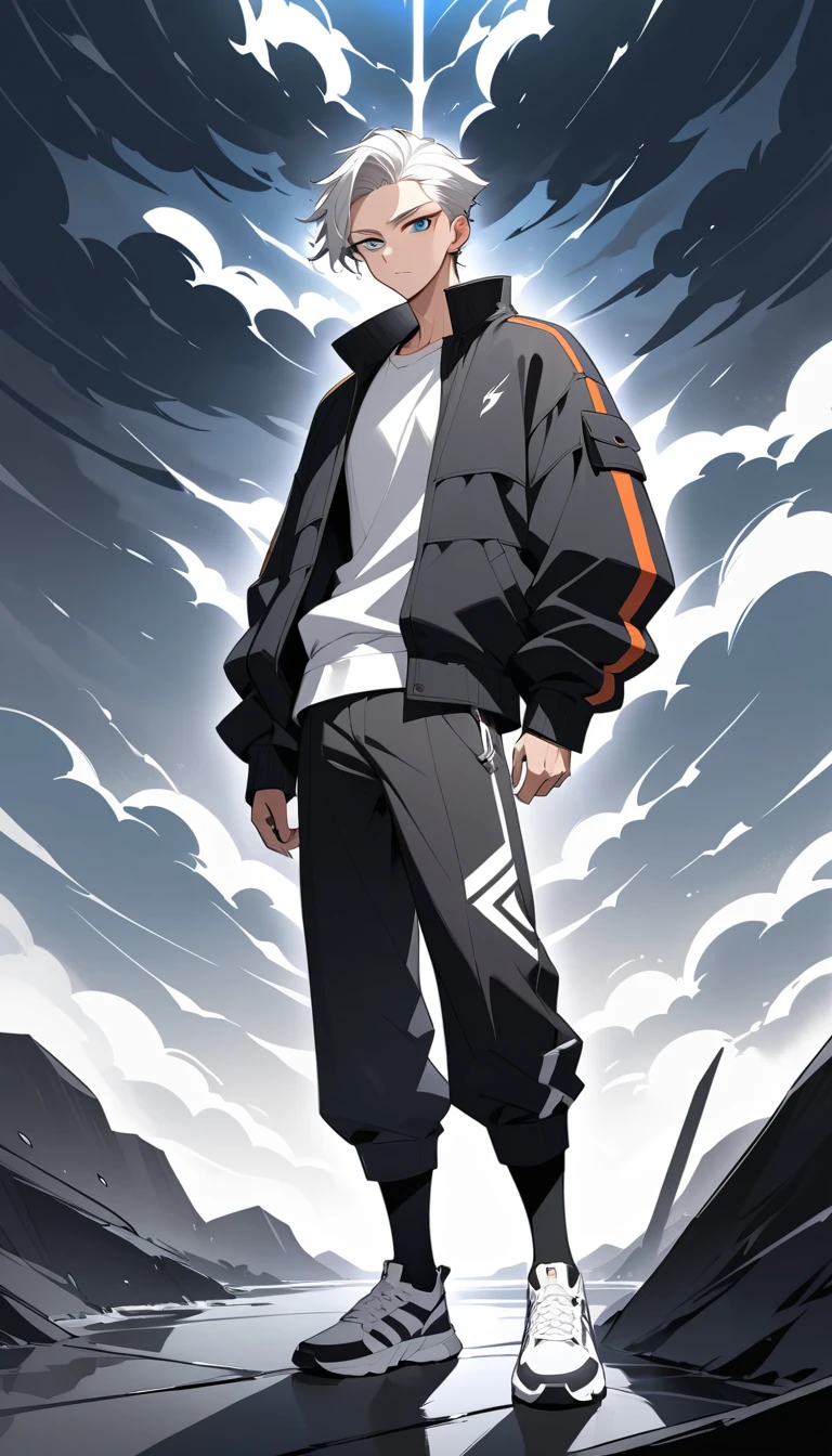 Hombre de anime de cabello blanco en escena exterior tormentosa