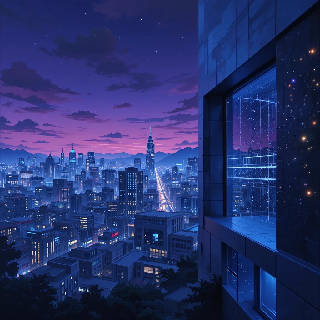 Vibrante skyline cittadino al crepuscolo con finestre illuminate