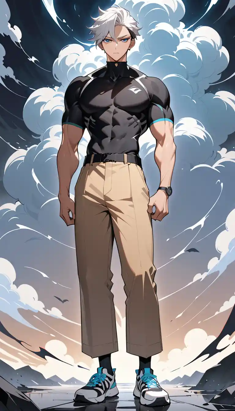 Homem de anime de cabelos brancos em cena externa tempestuosa