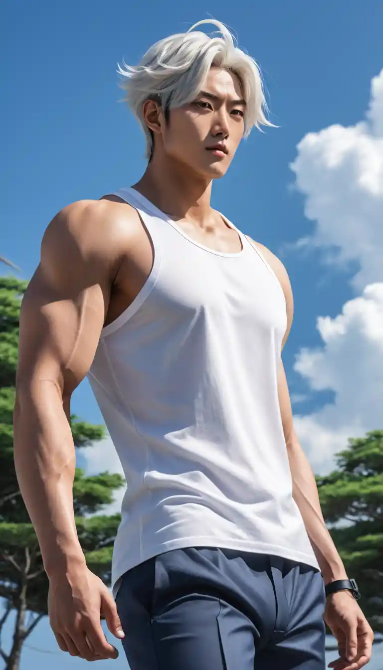 White haired anime man standing in a stormy wind