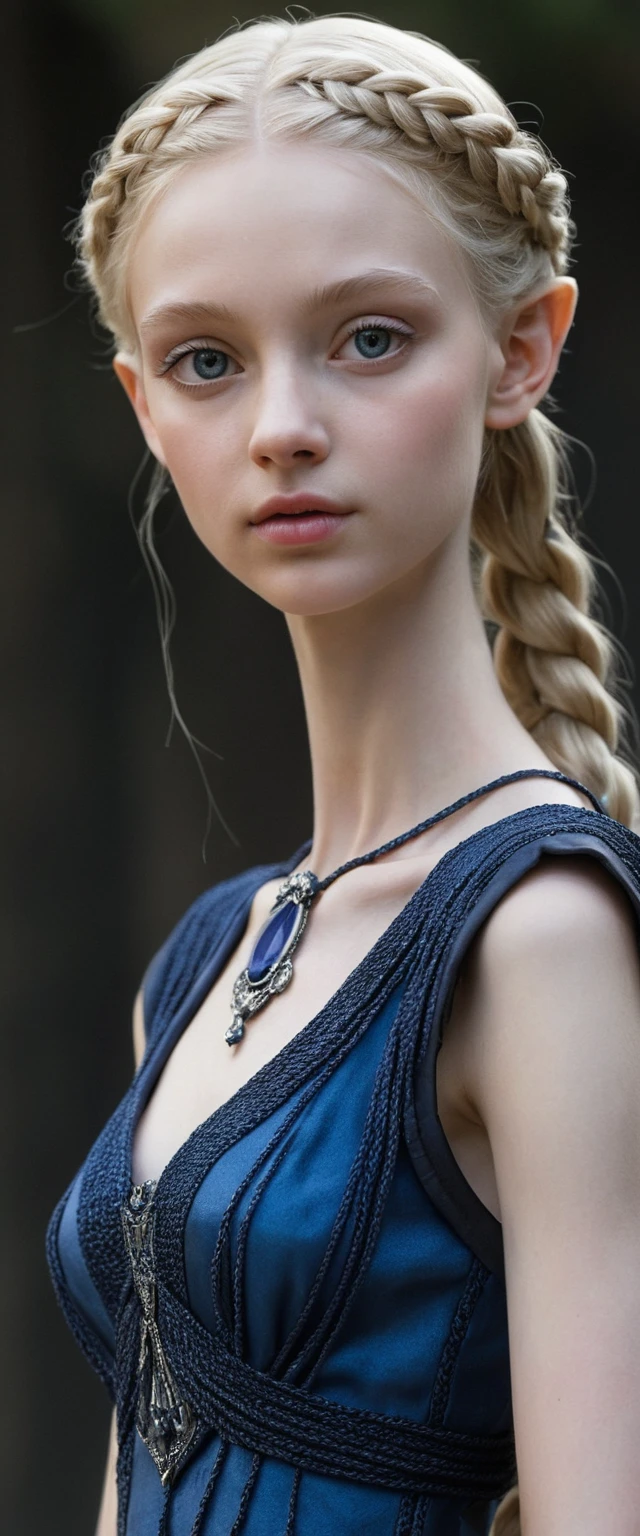 Slender fairy tale girl with braids and gemstone details