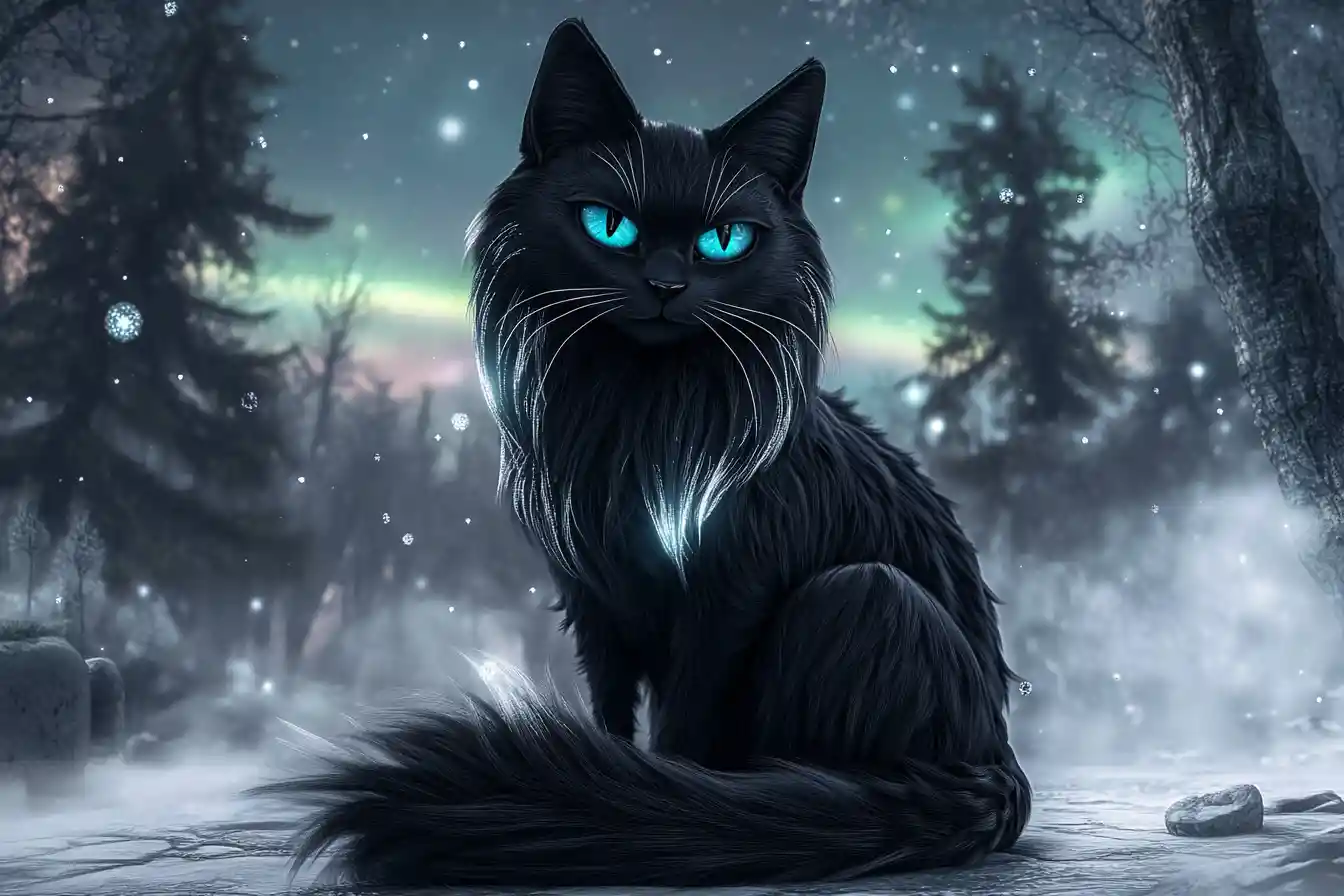 Mystische schwarze Katze auf einer mondbeschienenen Lichtung im Zauberwald