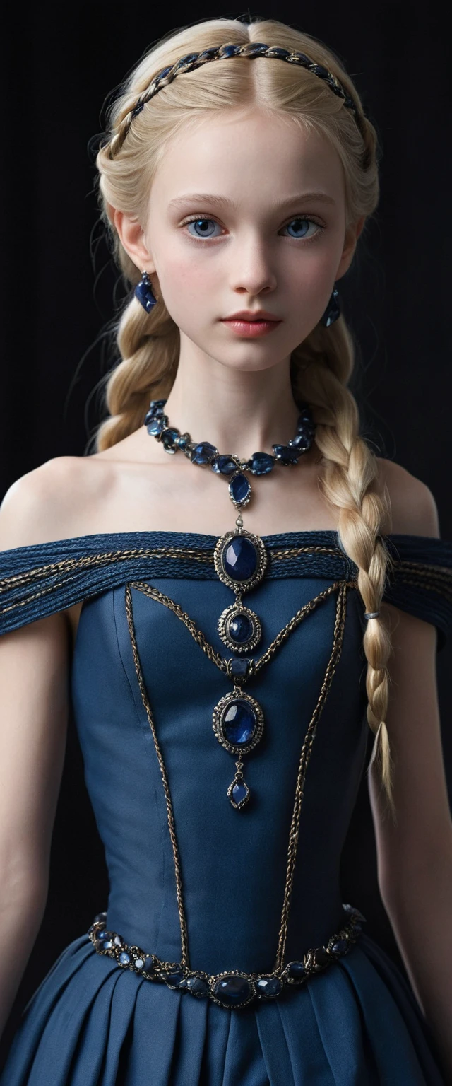 Slender fairy tale girl with braids and gemstone details