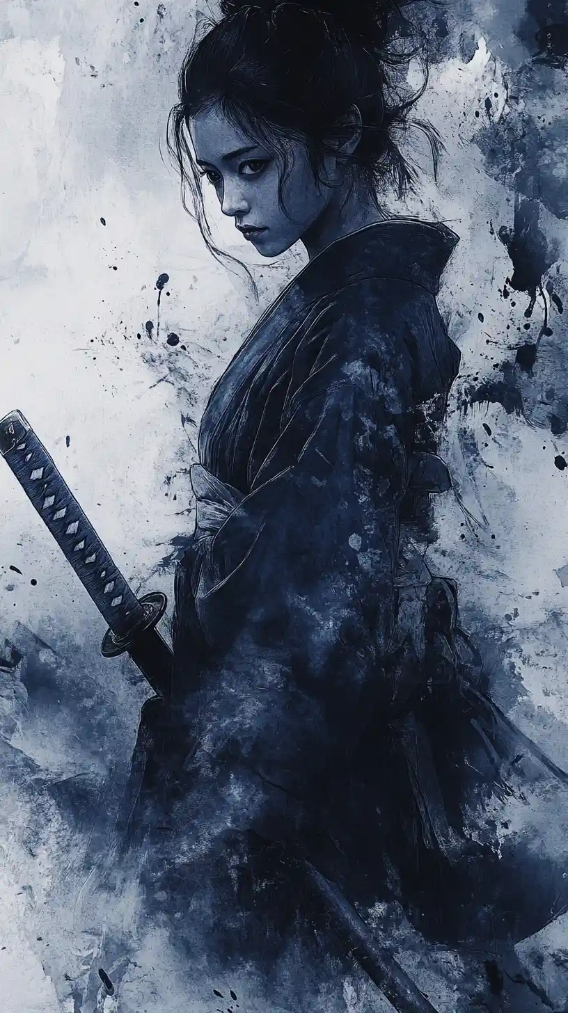 沉思姿態的日本武士女子與刀