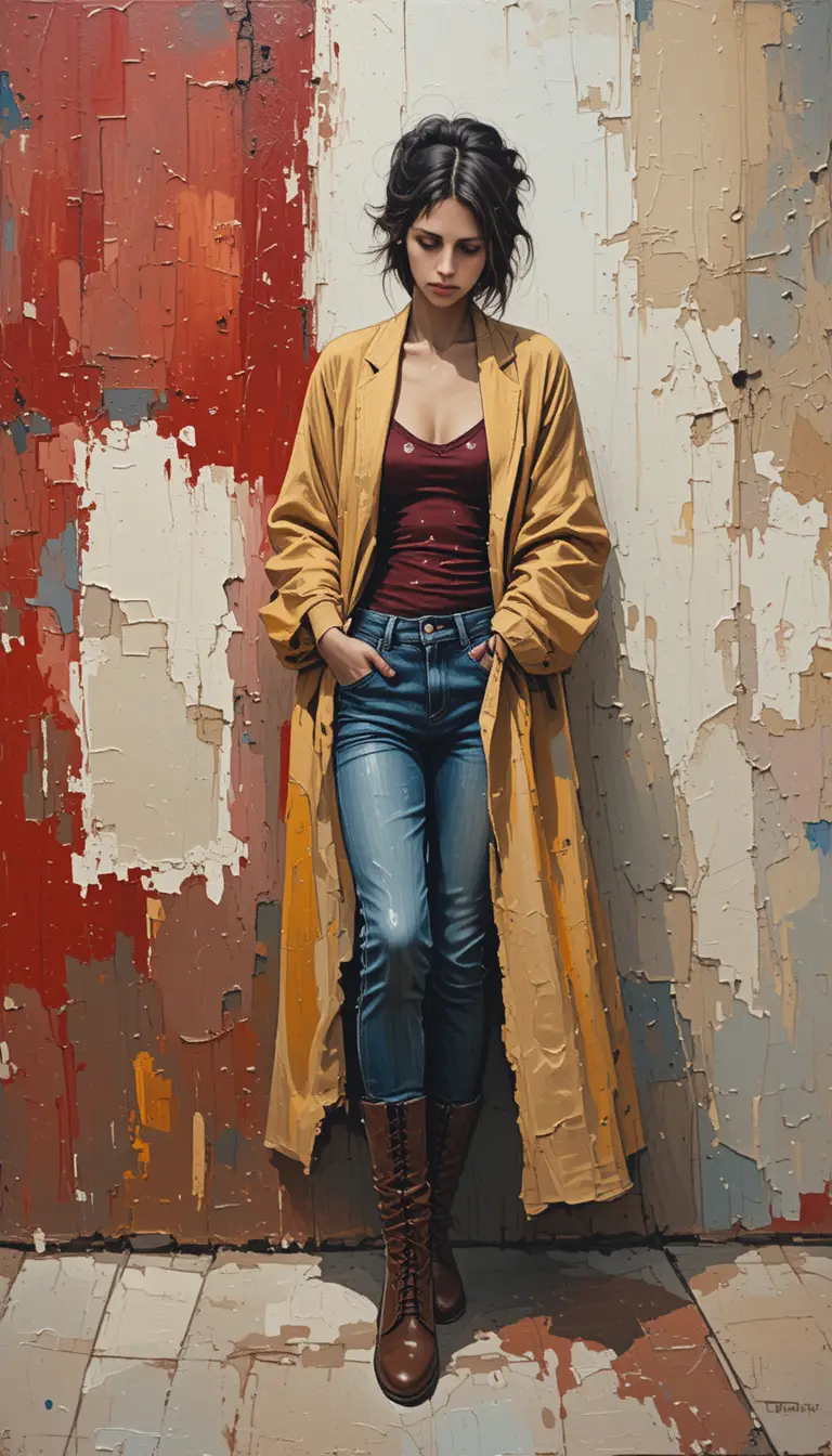 Pensive woman in bohemian coat against textured abstract wall