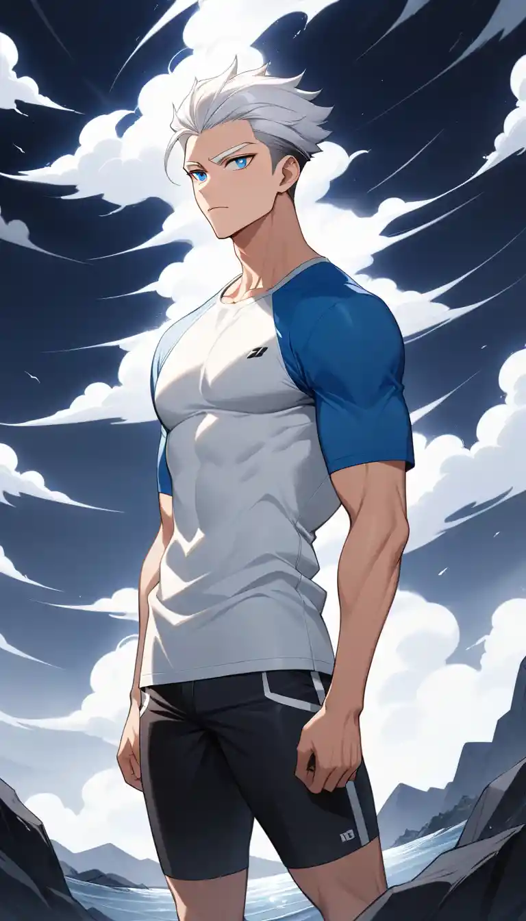 Uomo anime dai capelli bianchi in scena esterna tempestosa