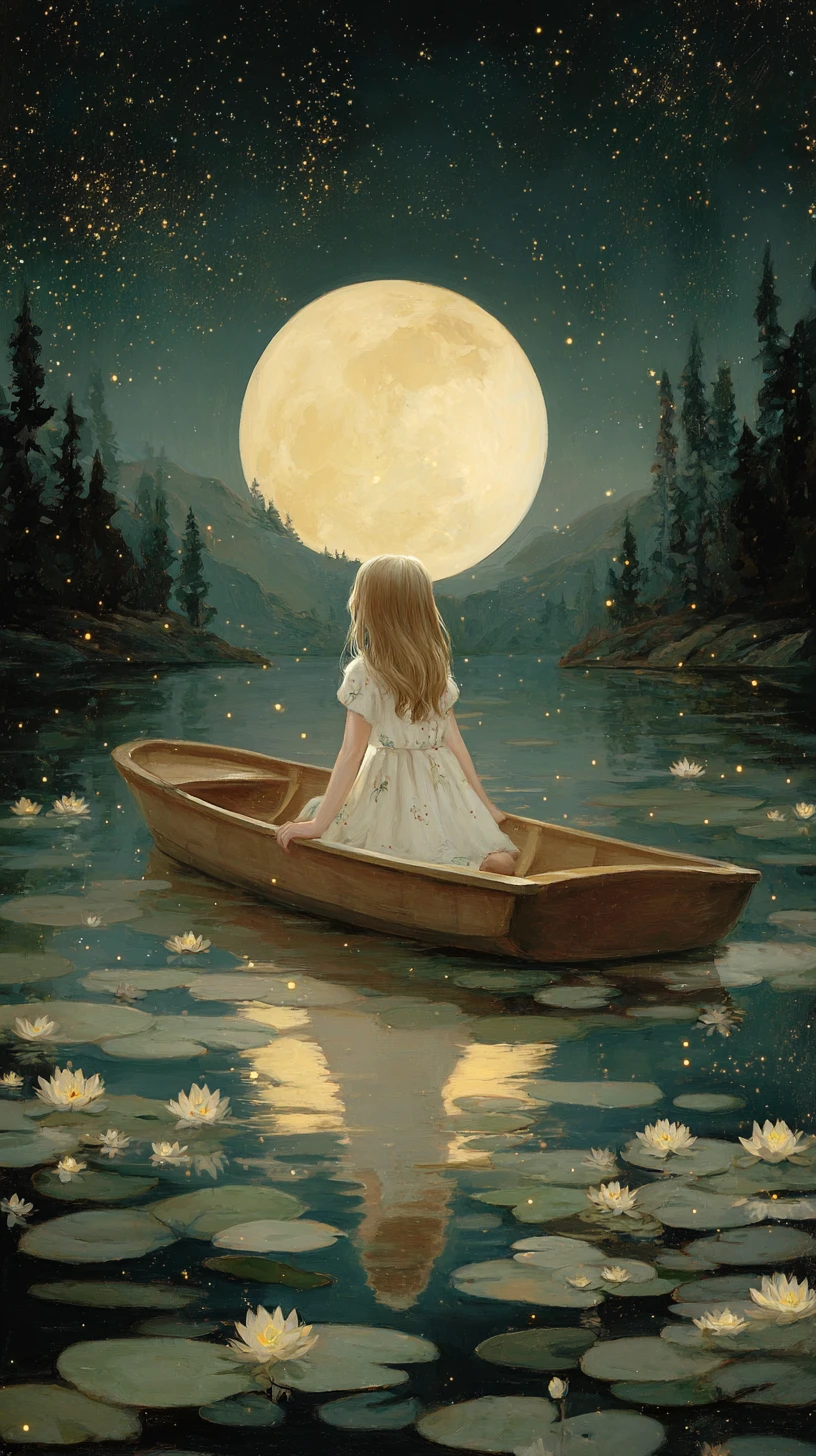 Girl in a rowboat under a luminous yellow moon