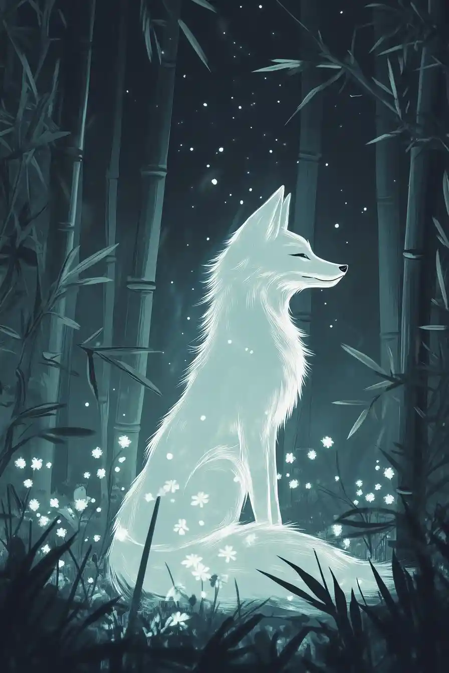 Moonlit fox in a tranquil bamboo grove illustration
