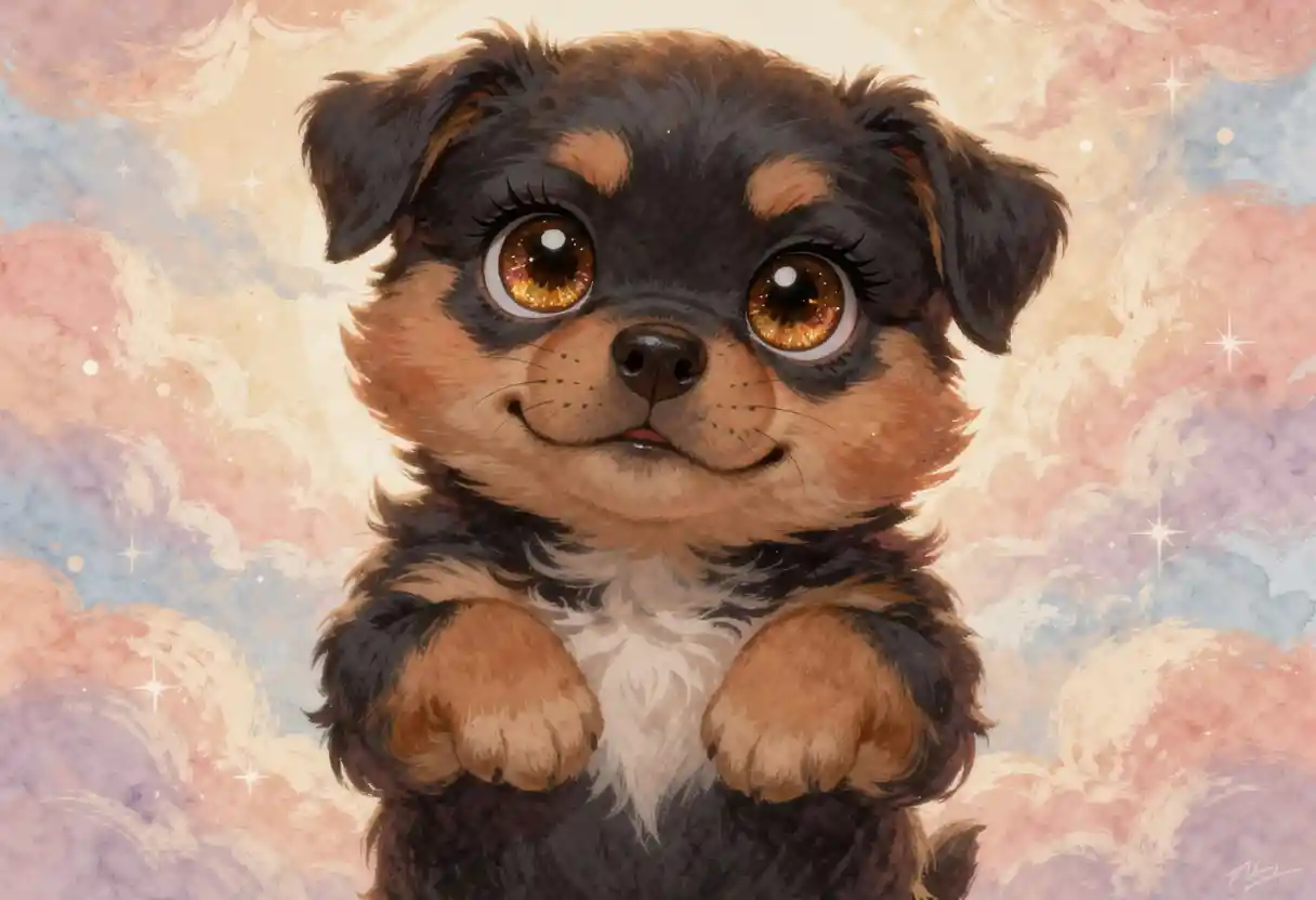 Chiot Rottweiler duveteux aux grands yeux ambrés étincelants