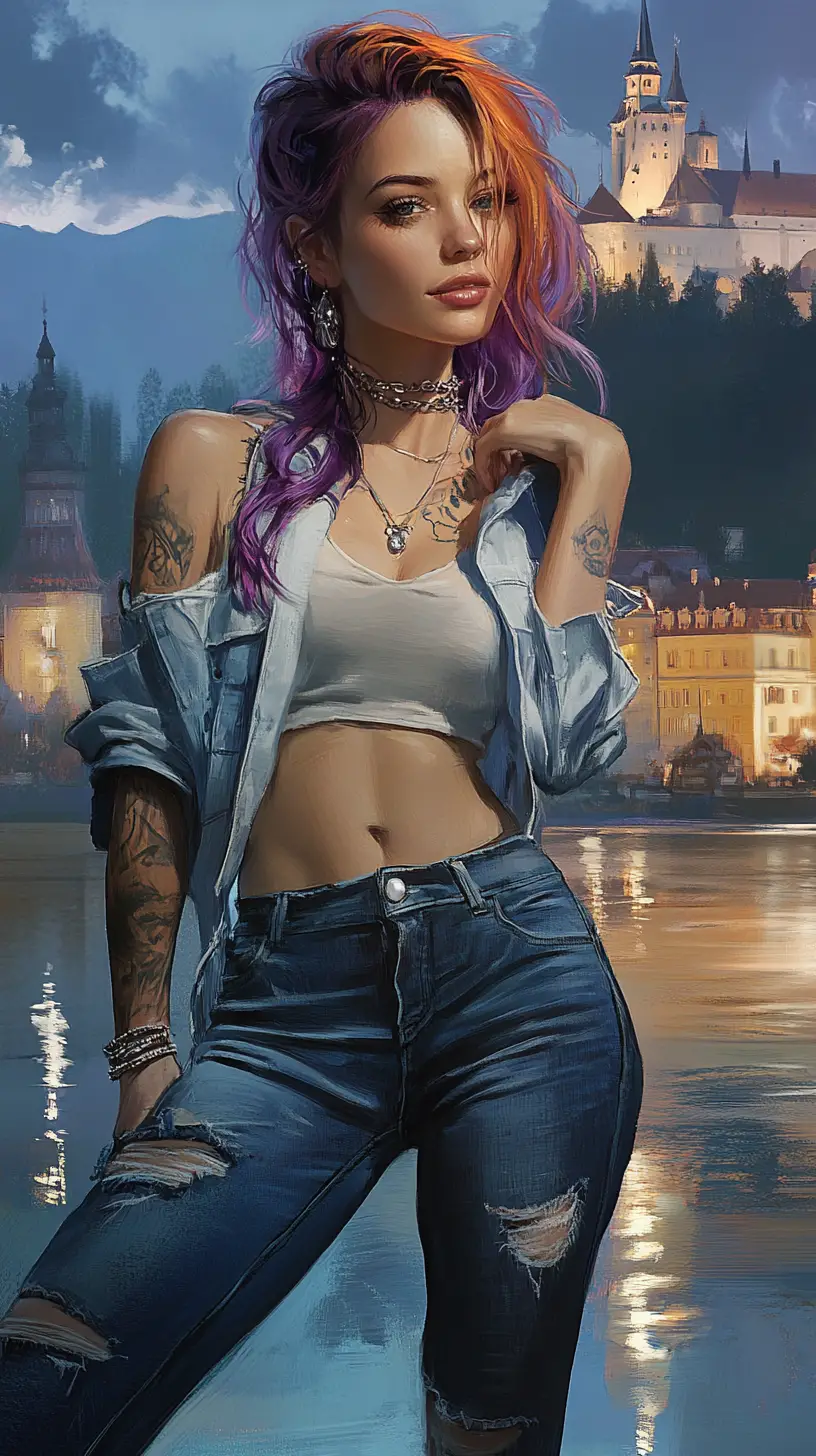 Smiling young woman in jeans before a night castle
