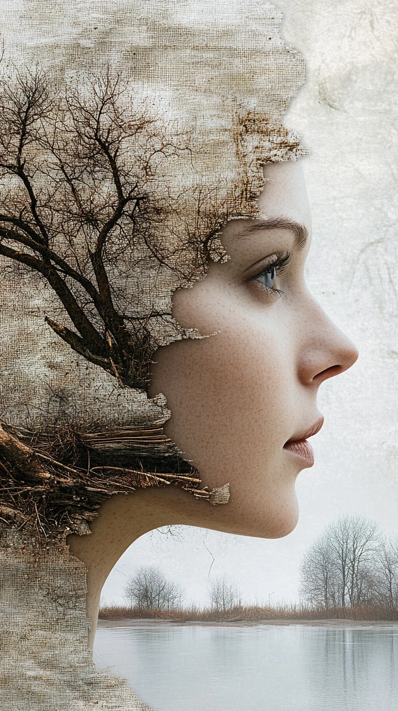 Perfil surreal de una mujer con superposición de paisaje invernal