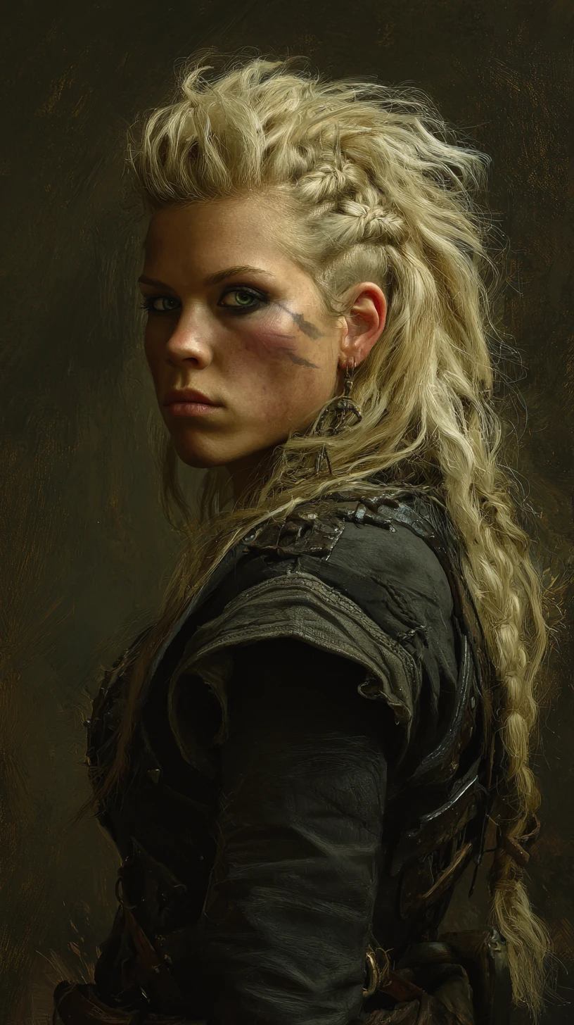 Fierce nordic warrior woman with shield and axe ready for battle