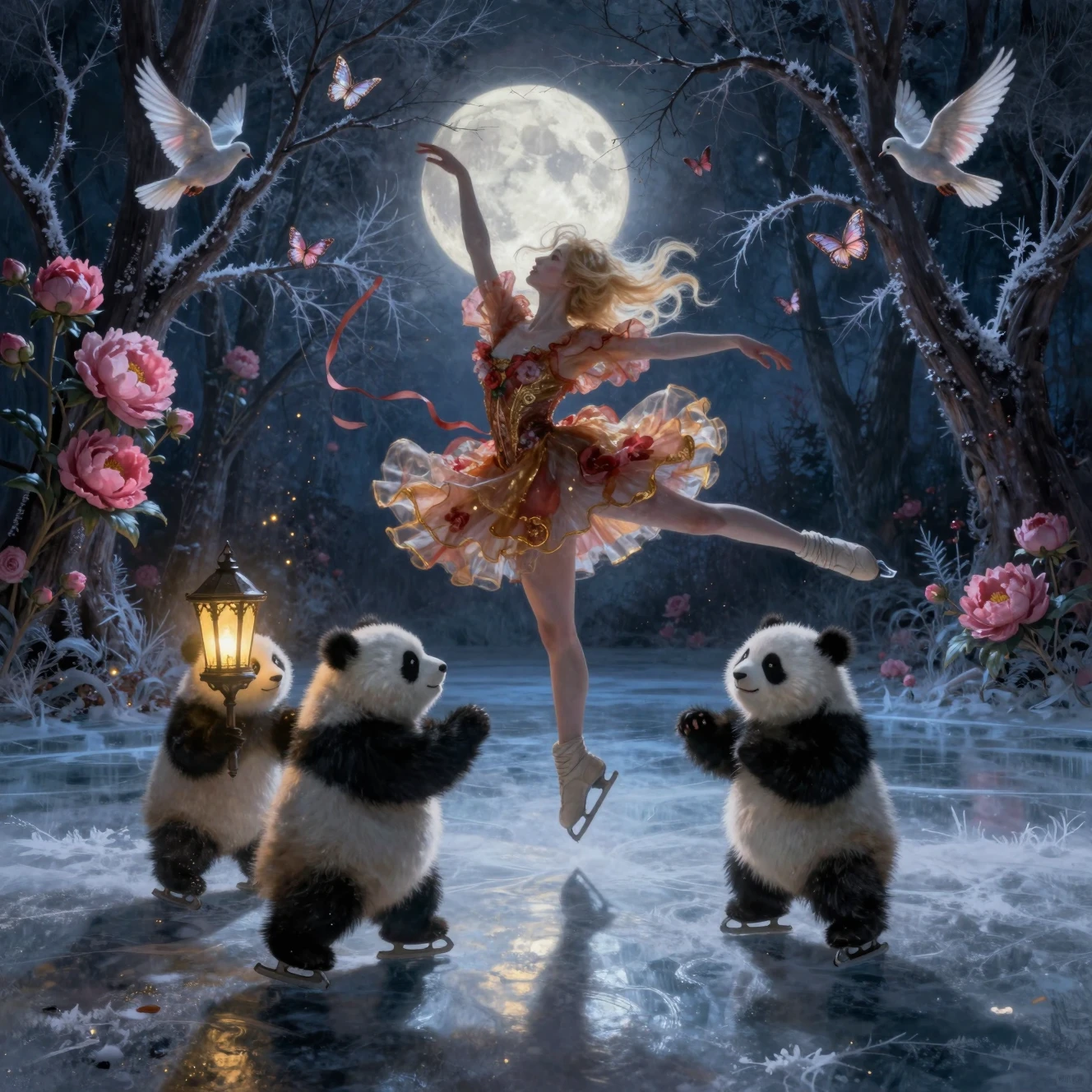 Pattinatrice al chiaro di luna che danza con panda su un lago ghiacciato
