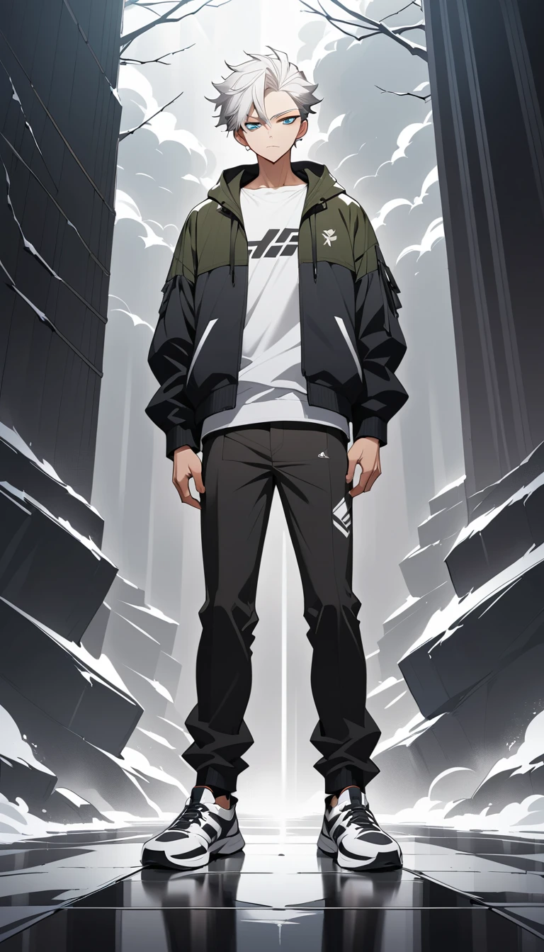 Hombre de anime de cabello blanco en escena exterior tormentosa