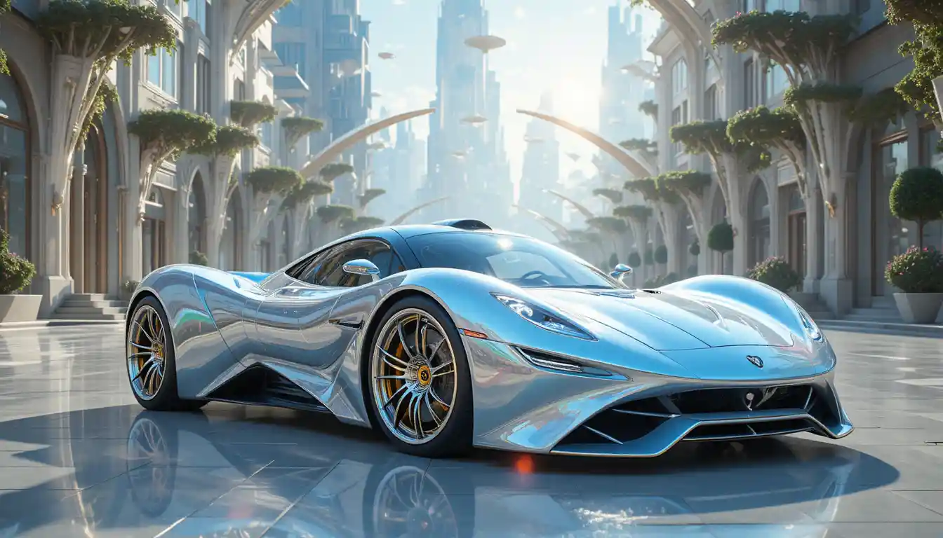 Superdeportivo futurista blanco perla en una ciudad fantástica luminosa