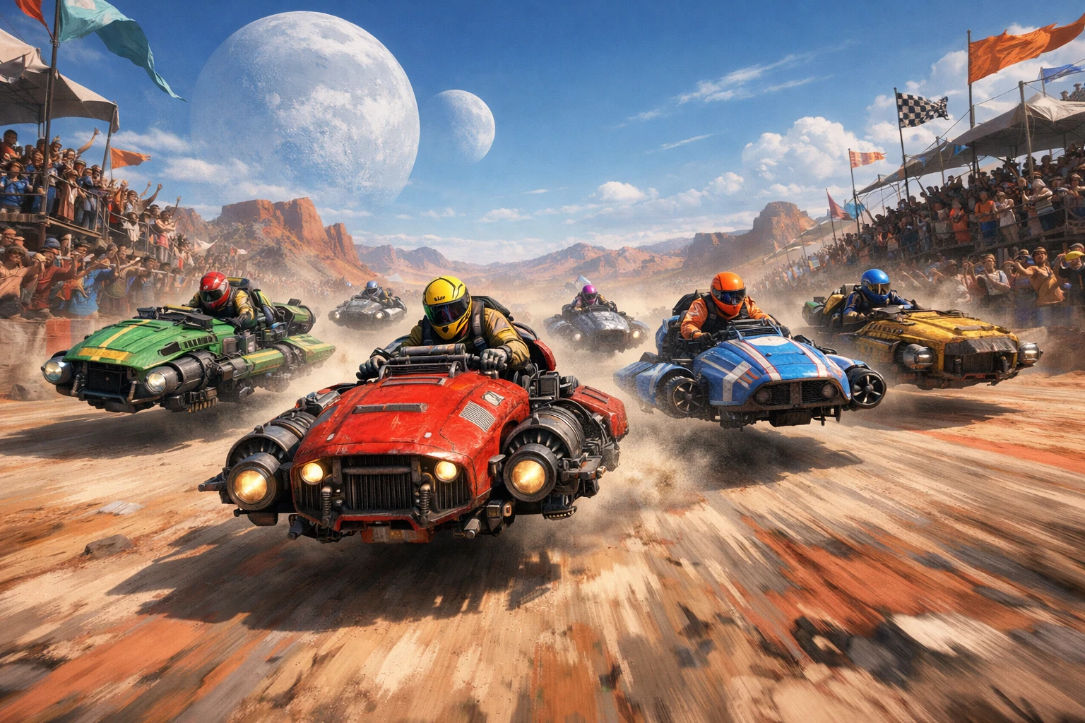 Colorful land speeders racing low over a desert planet