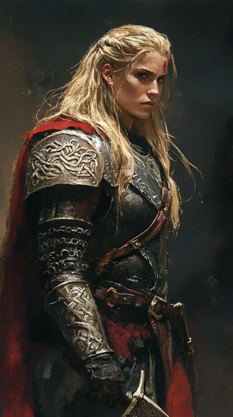 Blonde viking warrior woman with shield and axe