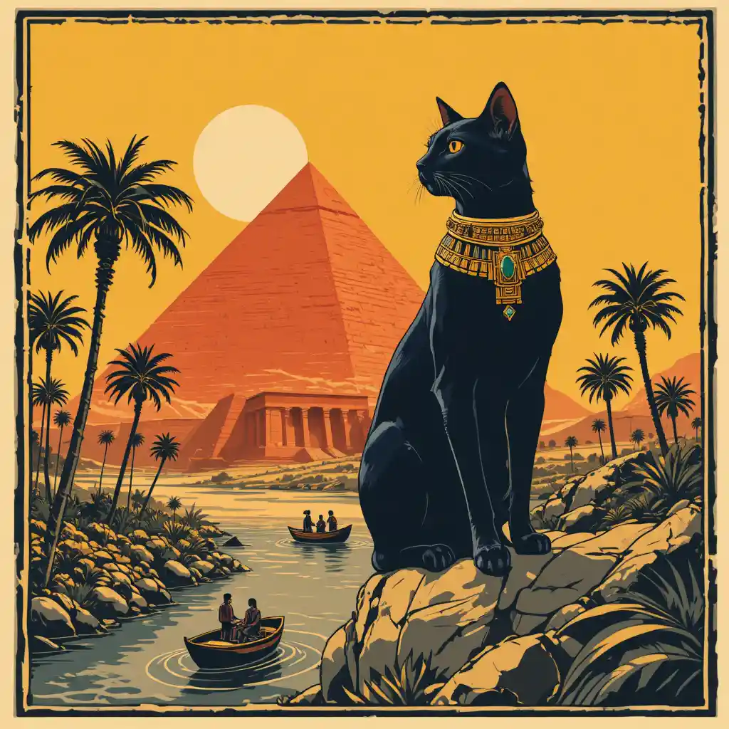 Regal black cat and red pyramid in ancient Egyptian landscape