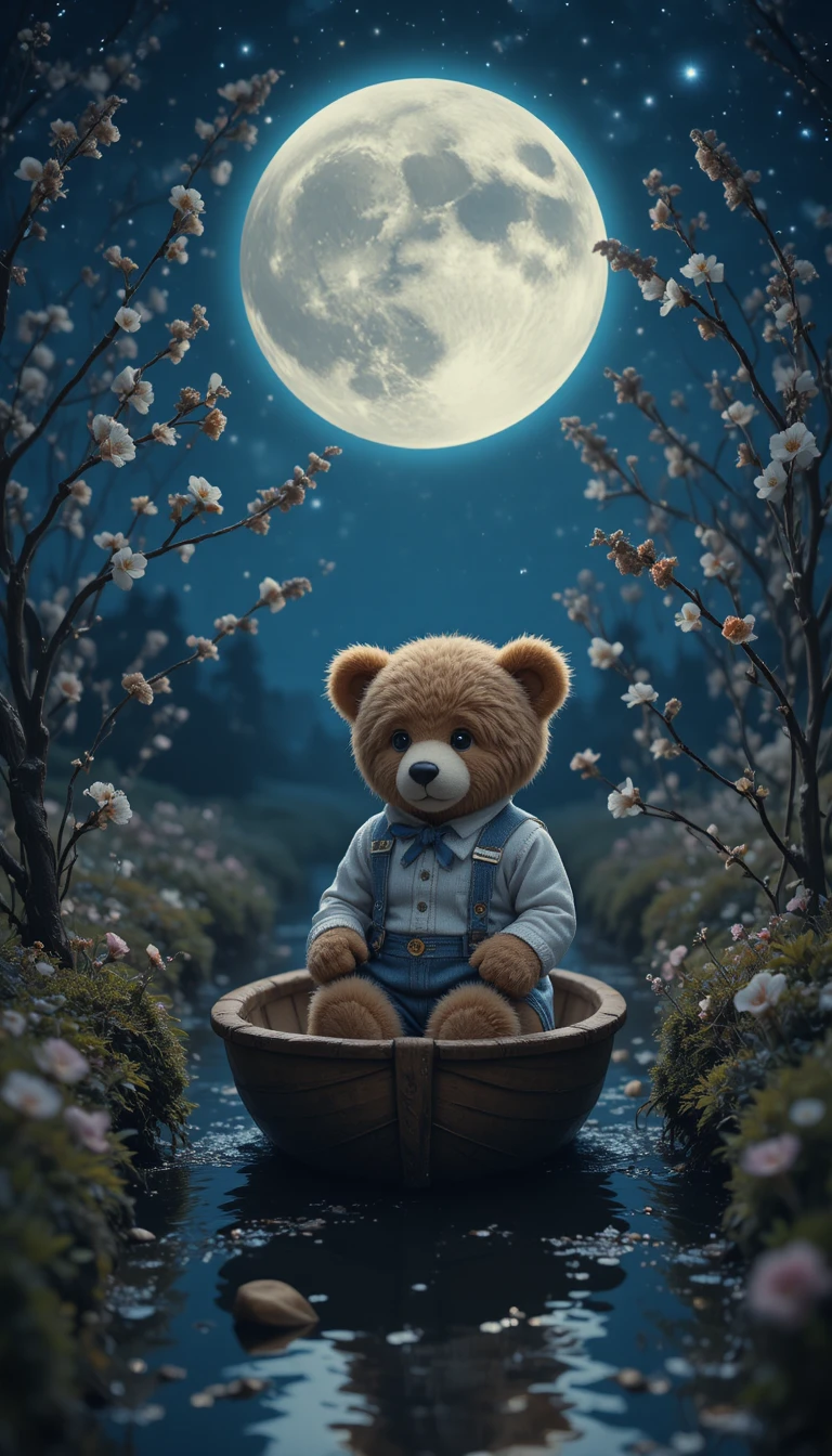 Teddy bear in a small boat under a magical night sky