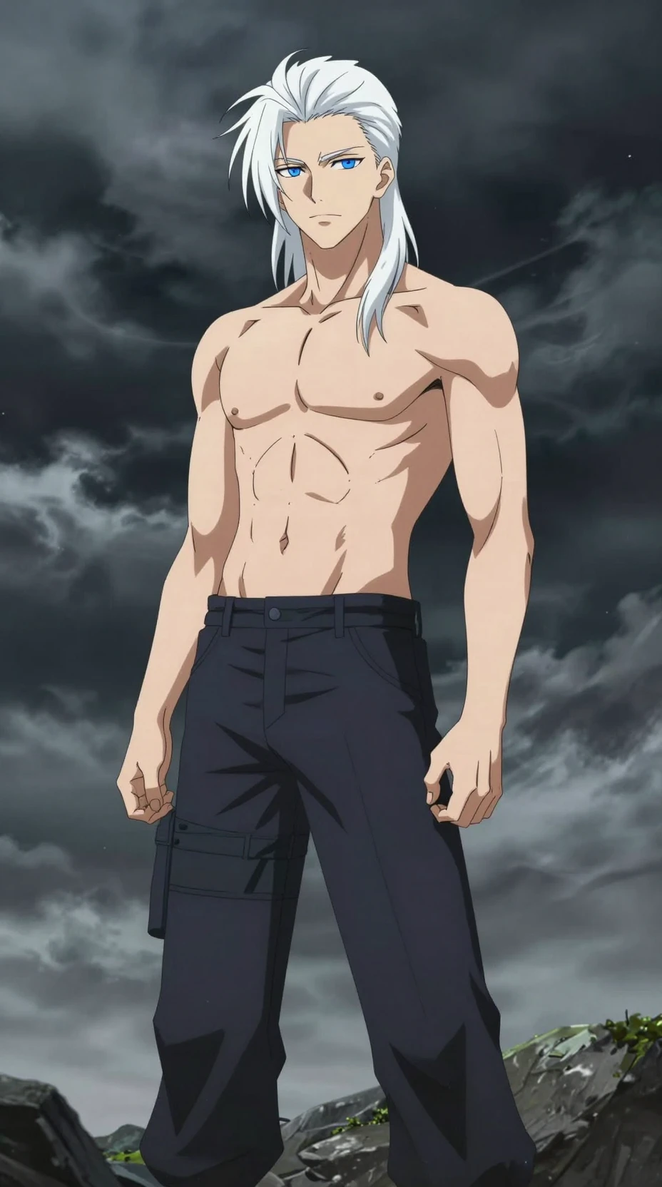 Hombre de anime de pelo blanco en escena exterior tormentosa