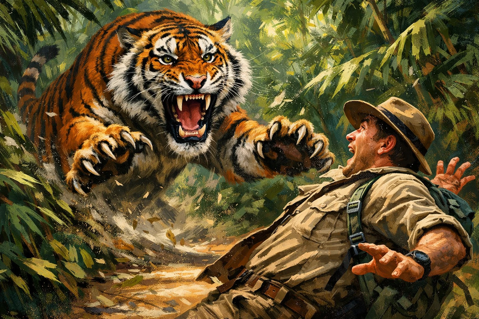 Tigre em fúria embosca homem em trilha na selva