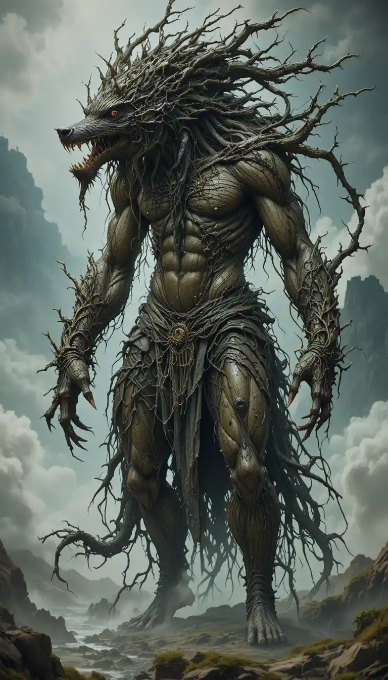 Towering thorned werewolf druid with copper eyes and claws