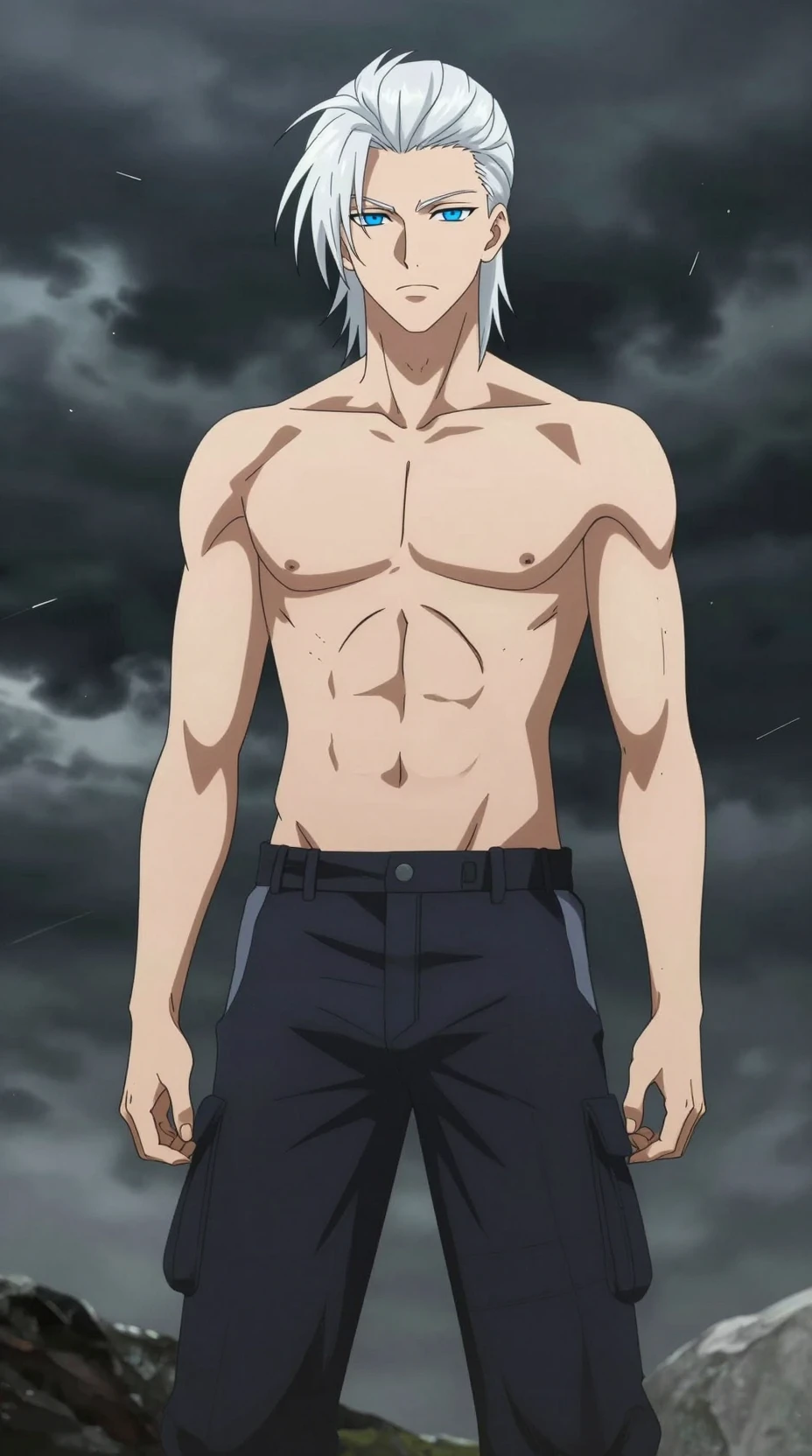 Hombre de anime de pelo blanco en escena exterior tormentosa