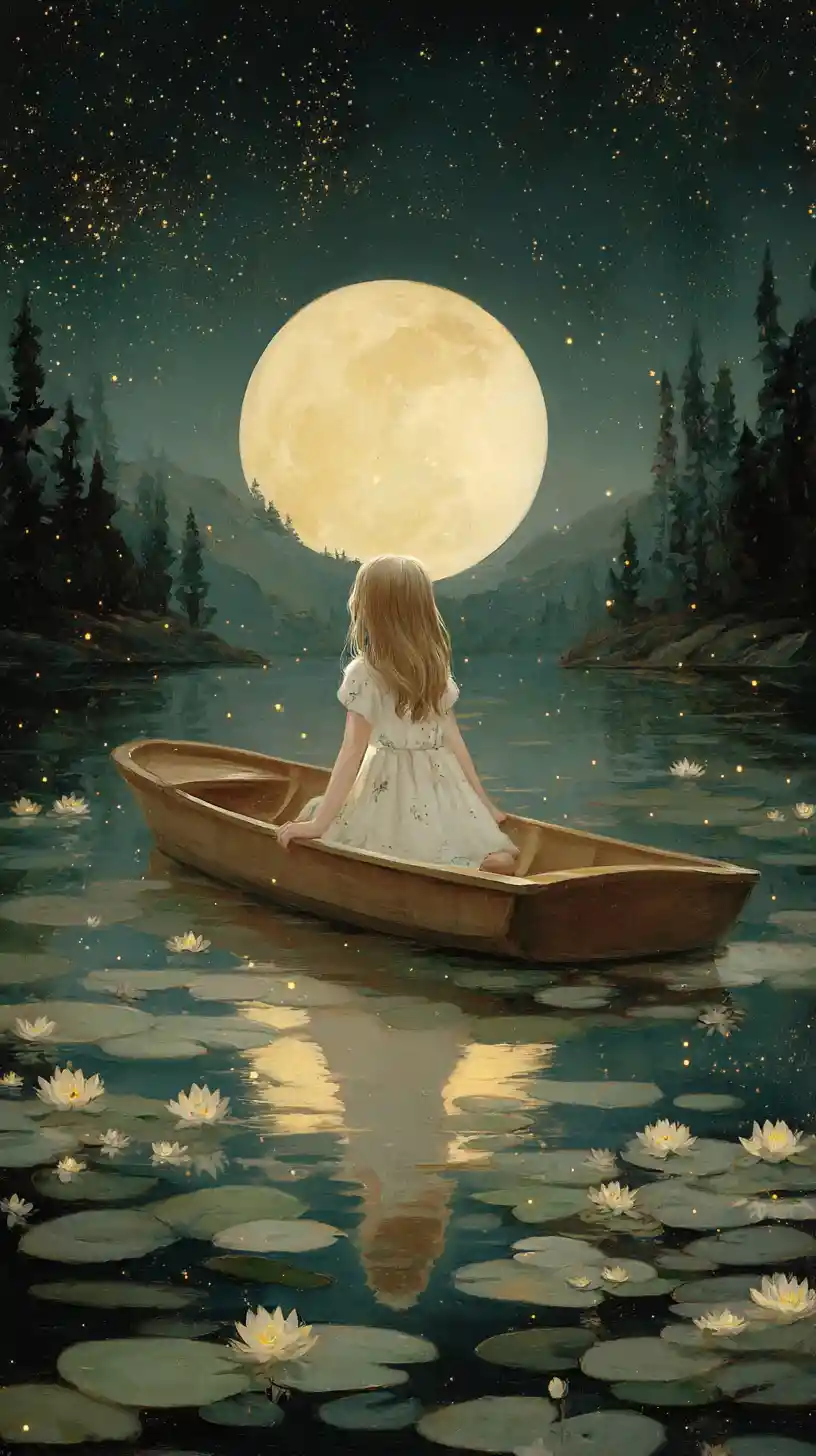 Girl in a rowboat under a luminous yellow moon