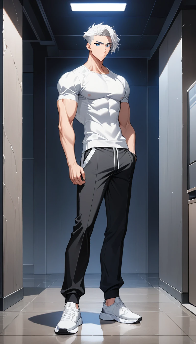 White haired anime man in stormy outdoor scene