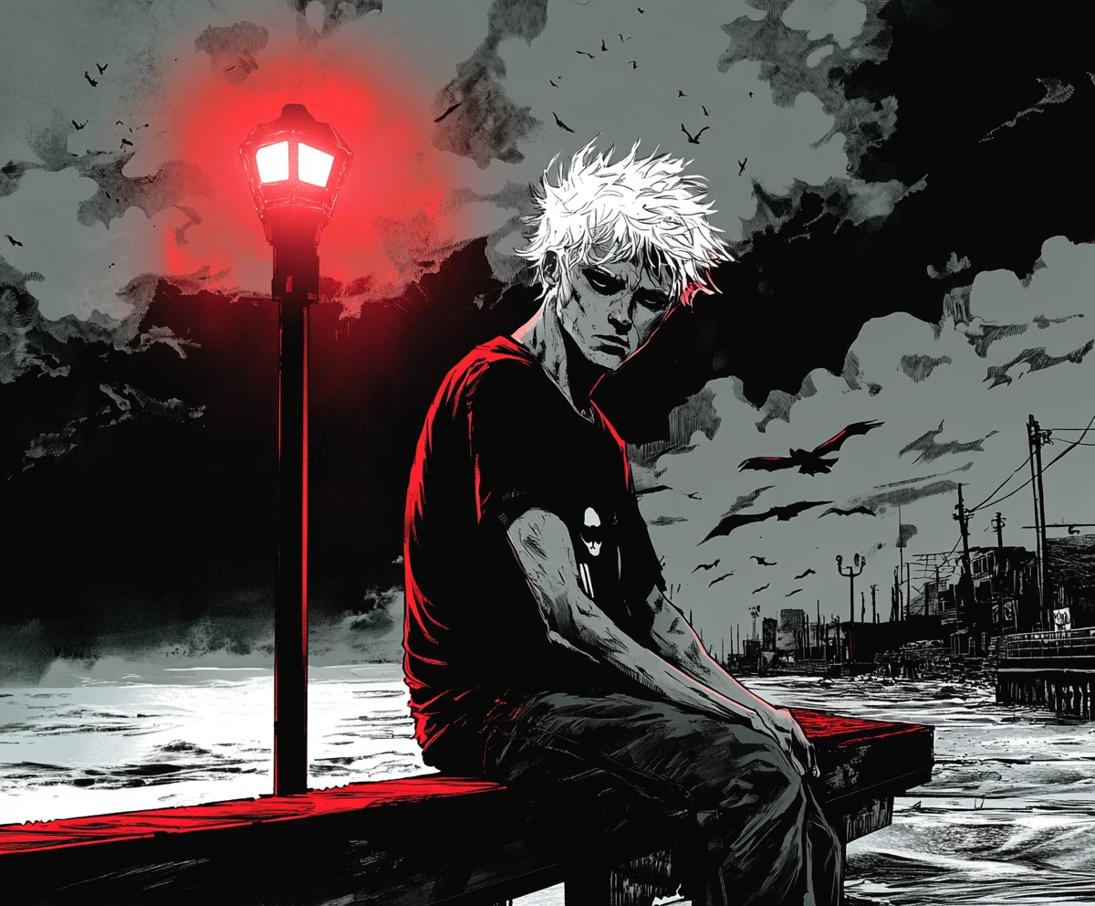 Young man on pier under red streetlight glow