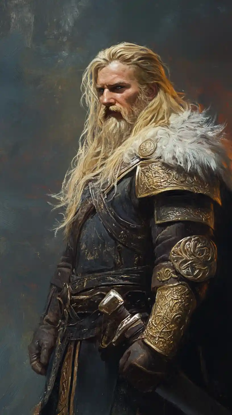 Blonde viking warrior woman facing viewer in dark fantasy armor