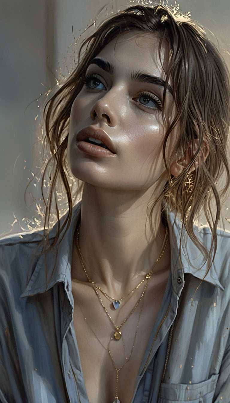Sensual bust portrait of a girl in loose denim shirt