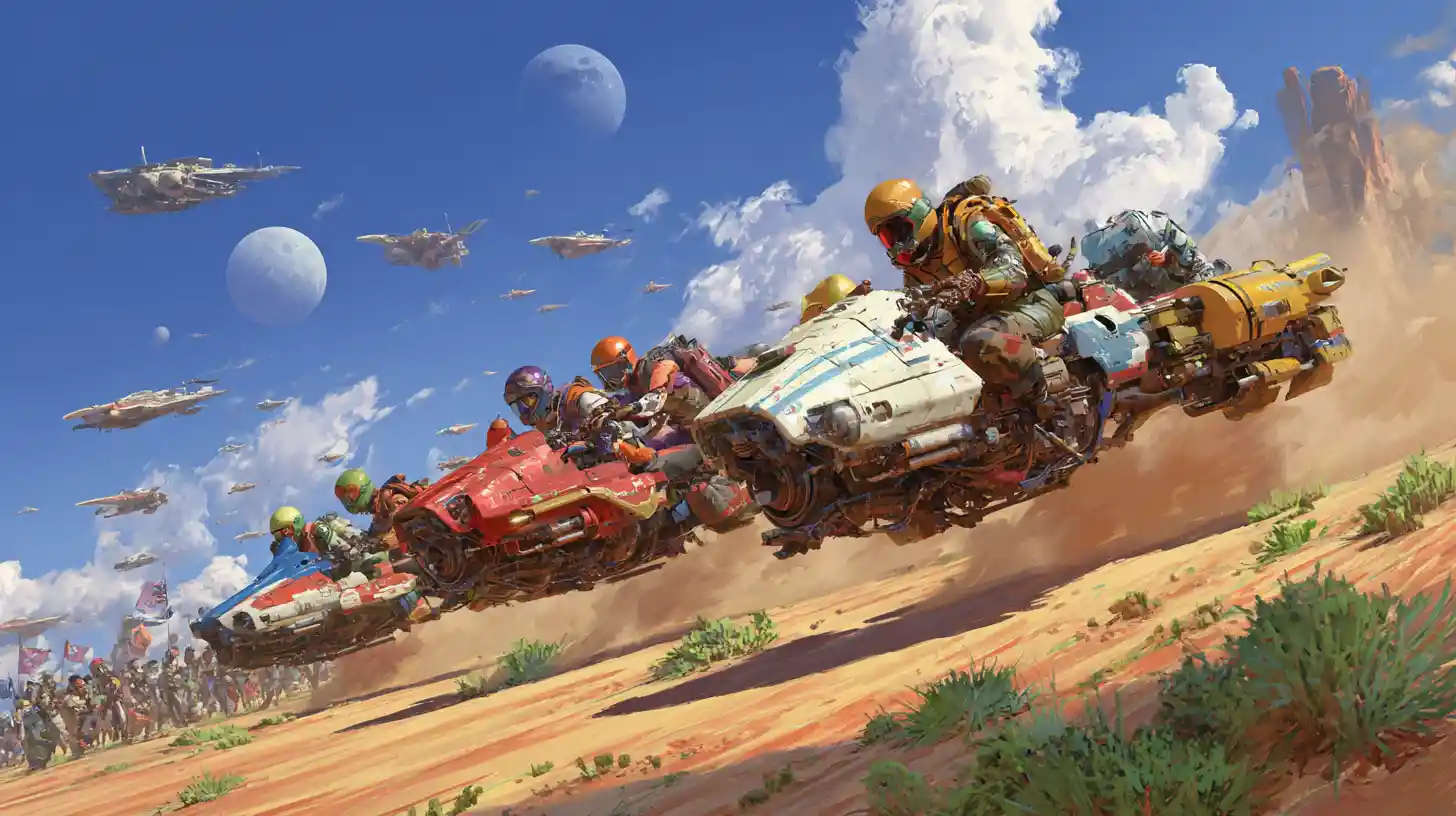 Buntes Landspeeder-Rennen über einem fernen Wüstenplaneten