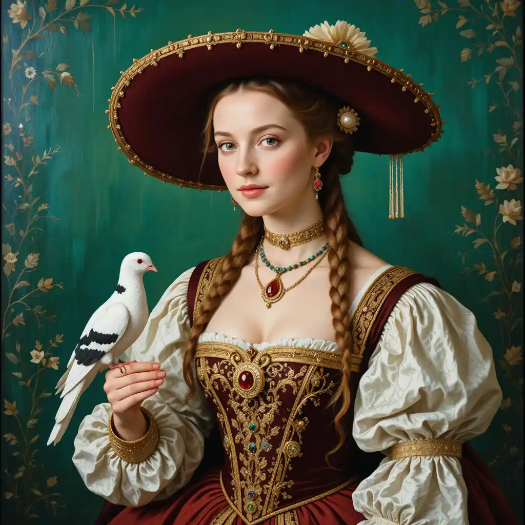 Renaissance noblewoman in jeweled gown with carrier pigeon