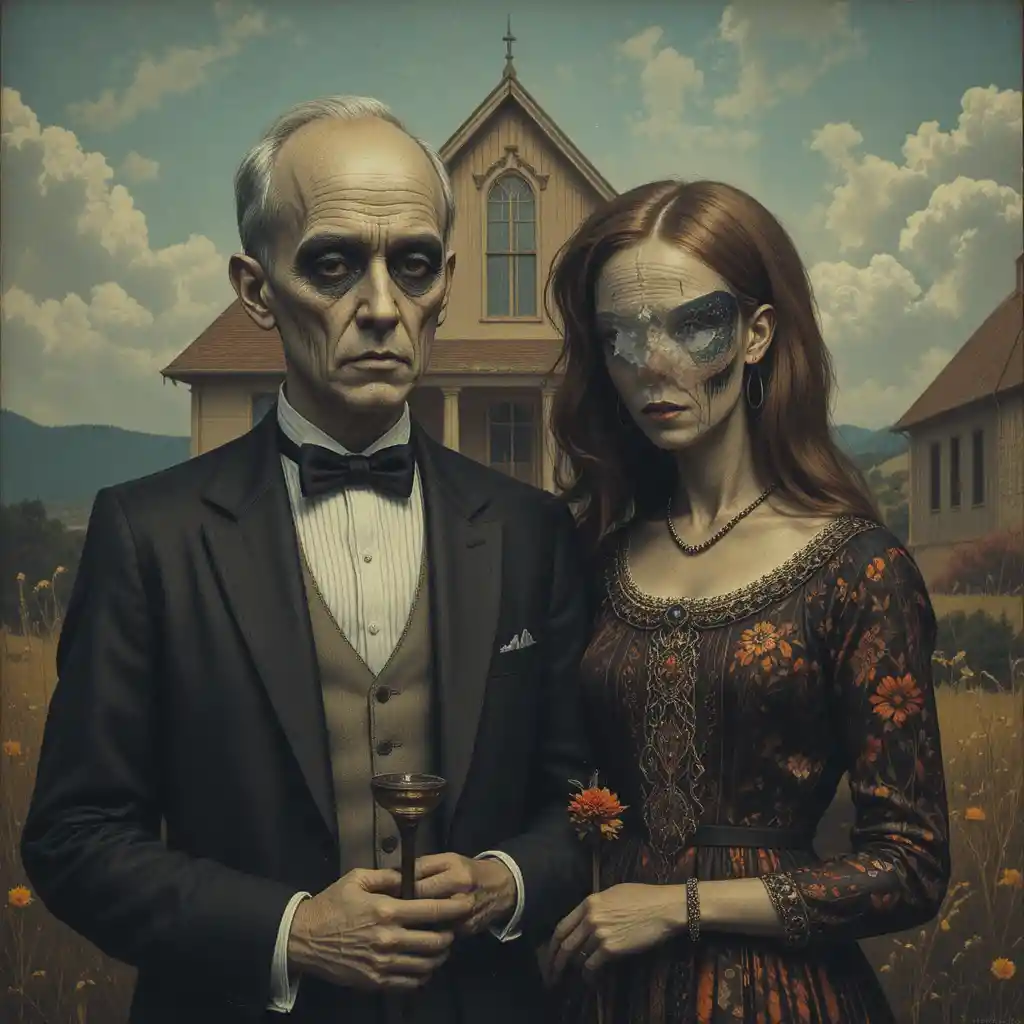 Coppia aliena in un omaggio fantasy ad American Gothic