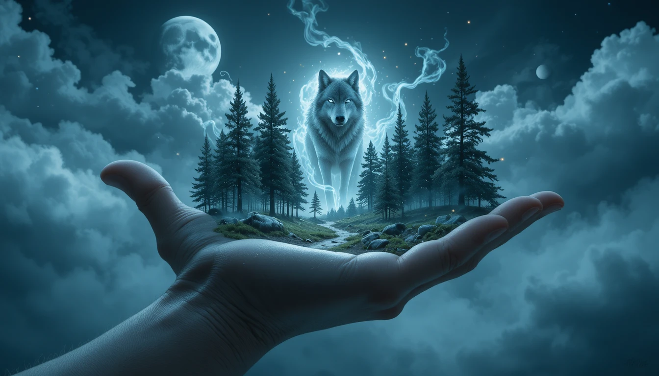 Espíritu místico de lobo que surge de un bosque lunar en una mano
