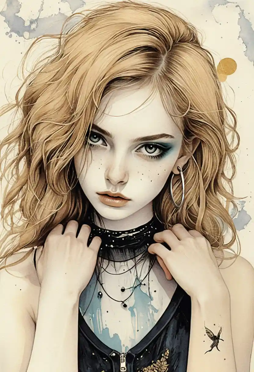 Red haired young woman portrait against distressed blue wall