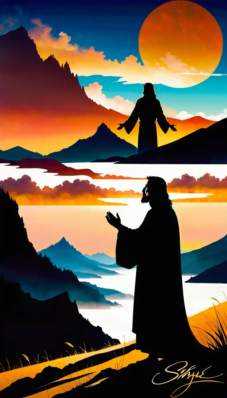 Jesus standing on a sunlit hillside at golden hour