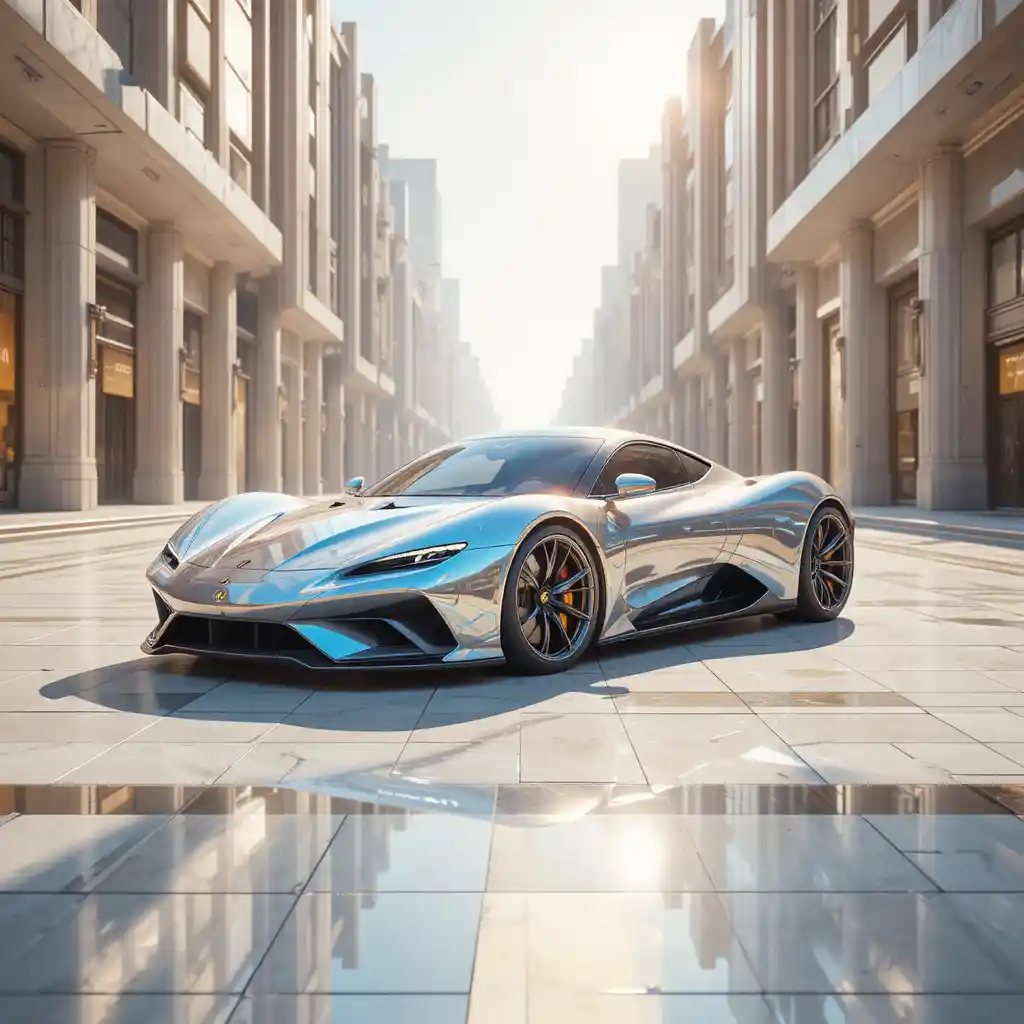 Futuristic pearl white gt car in a serene city street