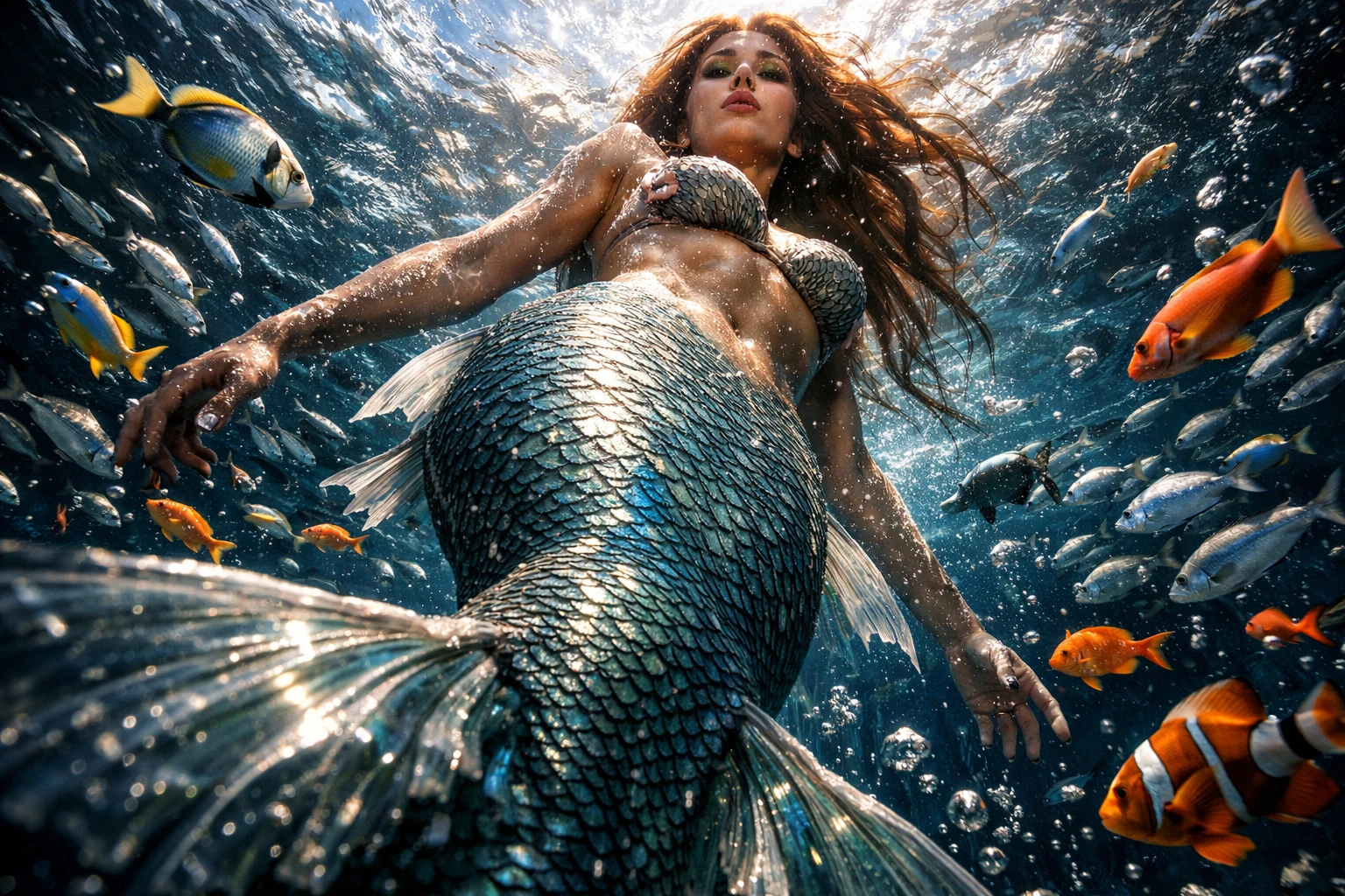 在發光奇幻海洋中從上方滑行而過的人魚