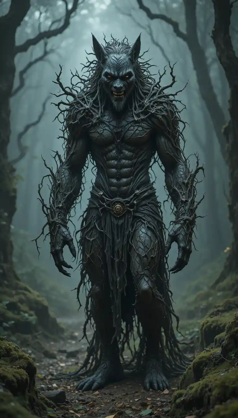 Towering druidic wolf creature entwined with thorny vines